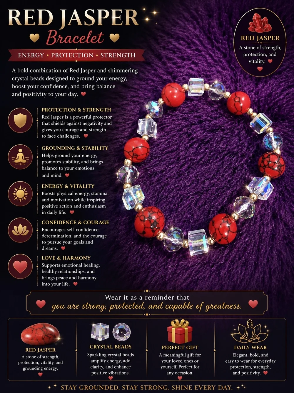 Red Jasper and Crystal Bead Bracelet - Red